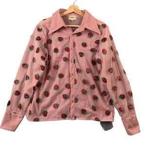 Lirika Matoshi Pink Tulle Strawberry Embellished Mesh Button Down Blouse Medium